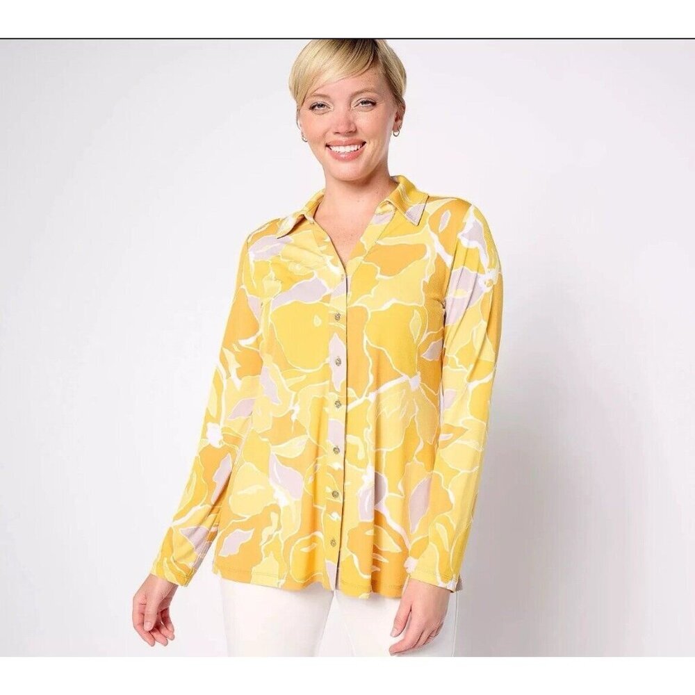 Susan Graver Passport Printed Liquid Knit A-Line Shirt Lemon‎ / Taupe 2X A630799 - Picture 6 of 6